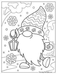 a cartoon gnome with a lantern in his hand and snowflakes on the ground