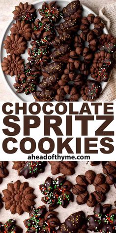 chocolate spritz cookies on a plate with the words, chocolate spritz cookies