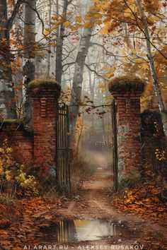 a painting of an old brick gate in the woods with autumn leaves on the ground