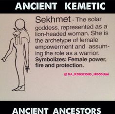 an ancient kemetic sign with the caption seknet - the solar godess, represented as a lion - headed woman she is the archetyr