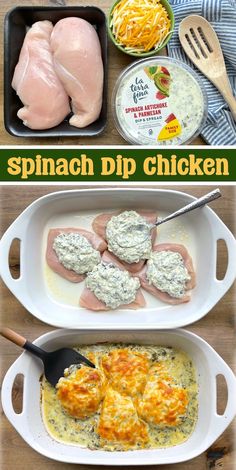 the process of making spinach dip chicken is shown in three different pictures, including one with