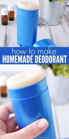 a hand holding a blue cup with the words how to make homemade deodorant