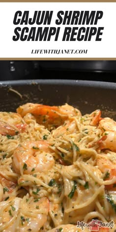 shrimp scampp recipe in a skillet with text overlay