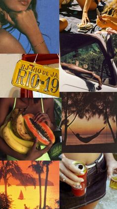 a collage of photos with fruit, watermelon and palm trees