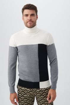 Modern White Winter Sweater, Modern Long Sleeve Winter Turtleneck, Modern Winter Sweater, Modern Turtleneck Sweater With Ribbed Cuffs, Mens Turtleneck, Trina Turk, Turtleneck Sweater, Sweaters & Cardigans, Color Blocking