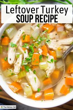 A bowl of turkey soup with chunks of turkey, diced carrots, celery, and herbs in a clear broth. A spoon rests in the soup. The text at the top reads Leftover Turkey Soup Recipe. Easy Turkey Soup, Turkey Soup From Carcass, Different Types Of Mushrooms, Glazed Turkey, Types Of Mushrooms, Cold Soup Recipes, Leftover Turkey Soup, Turkey Soup Recipe