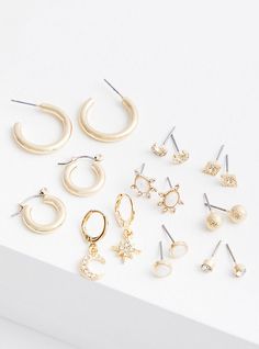 Inspired by the stars, this gold-tone earring set features 9 simple styles for celestial elegance. Post closure. Base metal. Imported. The best plus size women's gold-tone celestial opal earring set - of 9 earrings sets in gold. Celestial Metal Jewelry, Celestial Style Everyday Earrings, Celestial Jewelry For Everyday, Fitted Wedding Dress, Bra Cups, Opal Earrings, Base Metal, Tee Shop, Simple Style