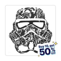 a sticker with a helmet on it that says buy 10 get 50 % off