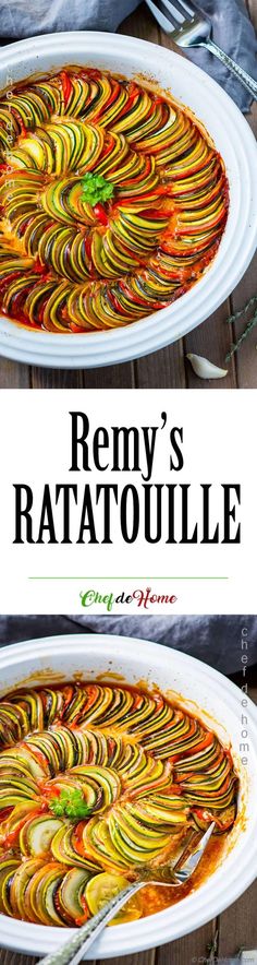 two plates with food on them and the words reny's ratatoulie