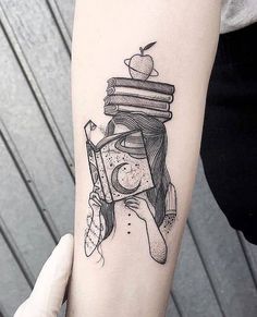 a woman with a stack of books and an apple on top of her head tattoo