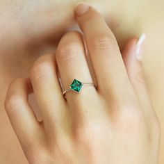 Emerald ring, Solitaire ring, Princess cut ring, Dainty ring, Delicate ring, Minimalist ring, May bi Dainty Emerald-cut Birthstone Ring, Minimalist Emerald Birthstone Ring For Promise, Sterling Silver Open Emerald Ring As Birthstone, Solitaire Birthstone Open Ring For Promise, Solitaire Open Ring For May Birthstone, Solitaire Ring With May Birthstone In Open Design, Modern May Birthstone Ring With Gemstone, May Birthstone Promise Ring With Open Design, Solitaire Emerald Promise Ring