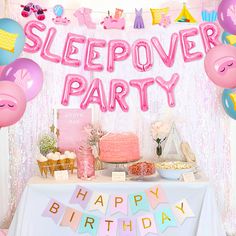 a birthday party with balloons, cake and desserts on the table for sleepover party