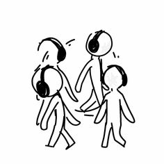 two people with headphones are walking and one is holding the other's hand