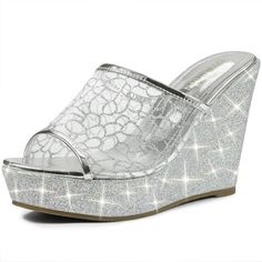 These platform wedge-heel slide sandals have a mesh upper and glitter wedge heels to add a touch of style to your everyday look. Excellent for going shopping or going out with friends. It is easy to pair with your favorite dress shirts and shorts for a chic and fashionable look. Good options for parties, sweet dating, shopping, festivals, banquets, office outfits, casual wear, and daily outfits. Party Platform Slippers With Wedge Heel, Summer Glitter Open Toe Wedge Sandals, Glitter Open Toe Wedge Sandals For Spring, Open Toe Glitter Wedge Sandals For Spring, Summer Glitter Wedge Sandals In Synthetic Material, Spring Party Platform Slippers With Wedge Heel, Spring Glitter Open Toe Wedge Sandals, Summer Glitter Synthetic Wedge Sandals, Summer Synthetic Glitter Wedge Sandals