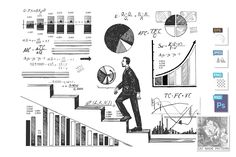 a man walking up the stairs in front of graphs and pies on a white background