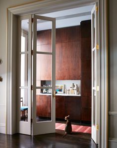 a dog sitting on the floor in front of an open door to a kitchen area