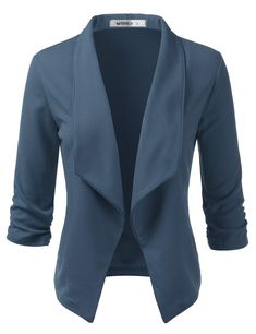 PRICES MAY VARY. Style note - Doublju lends a perfect finish to your daily looks in this open-front blazer with a shawl collar and ruched 3/4-sleeves. Whether you're dressing up a pair of jeans or adding a layer of sophistication to your business-ready look, the sleek silhouette and unrestrictive stretch performance of this blazer make it the perfect choice for professional style and comfort. Size and Color – Please note the Size Chart on the image. Also, always remember that colors of images ma Trendy Winter Coats, Stylish Winter Coats, Open Front Blazer, Trendy Winter, White Dress Party, Blazer With Jeans, Casual Work, Winter Coats Women, Belleza Natural