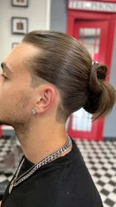 Men Long Hair Bun, Shaved Long Hair, Long Hair Shaved Sides, Men Haircut Curly Hair