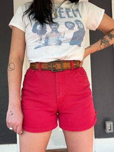 "90s Generra Red Denim shorts  Tag size 12 Waist 15.5\" Length 15.5  Hips 21.5\" Leg opening 13\" Vintage items may have imperfections, if they are major or extremely visible they will be noted Smoke free home  No shedding pets Cleaned before mailing + urban outfitters  + free people + madewell  + vintage  Vintage items may/will probably have imperfections, if they are major or extremely visible they will be noted. Buying vintage items could mean they are different than what you had expected, but still just as lovely because they have lived a full life and have a story to tell!  We know that paying for shipping isn't ideal, but we are a small company and vintage items can be quiet heavy since they are made out of better materials--Such as real denim and leather. We are planning on lowering 90s Style Shorts With Belt Loops, Red Cotton Cutoff Shorts, Casual Red Cutoff Jean Shorts, Red Shorts With Belt Loops, Red Bottoms With Belt Loops And Short Length, Casual High Rise Red Jean Shorts, Retro Jean Shorts With Belt Loops, Retro Red Short Shorts, Red High-waist Cotton Jean Shorts