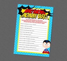 Superhero Who Knows Mommy Best Game - INSTANT DOWNLOAD - Superhero Baby Shower Games, Super Hero, Superman Superhero Nursery Activities, Superhero Baby Shower Ideas, Whats Your Superhero Name, Superhero Nursery Baby Boy, Superhero Baby Shower Gifts, Daycare Forms, Superhero Baby Shower, Who Knows Mommy Best, Phone Apps