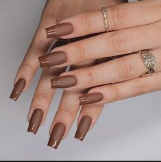 Brown Matte French Tip Nails, Mocha French Tip Nails, Acrylic Nails Brown Nude, Classy Short Square Nails, Caramel Brown Nails, Coffee Brown Nails, Classy Brown Nails, Brown French Tip Nails, Cute Fall Nail Designs