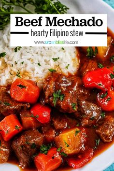 beef mechado with red peppers, rice and parsley in a white bowl