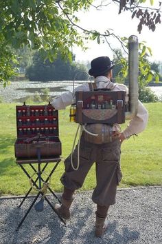 Remember the cool guy being the epicentre of last night’s party? This could be you! Take a look at this cool steampunk outfit. Do you see how he is adding some edge to his look with those steampunk accessories? You could do the same! You will be THAT guy after you steaming it up. How about putting on a steampunk hat or a pair of goggles? Check out www.madburner.com to steam up your style! #steampunkman #steampunkaccessories #steampunkfashion #steampunkcostume #steampunk Steampunk Bartender, Male Steampunk Fashion, Steampunk Backpack, Steampunk Princess, Drinking Ideas, Steampunk Bar, Steampunk Machines, Bar Mobile, Male Steampunk