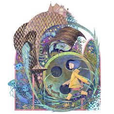 a drawing of a person walking in front of a large object with fish on it