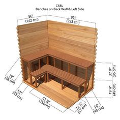 a wooden structure with benches on each side and measurements for the top part of it