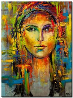 an abstract painting of a woman's face with colorful paint strokes on her face