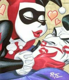 a painting of a catwoman and harley hugging