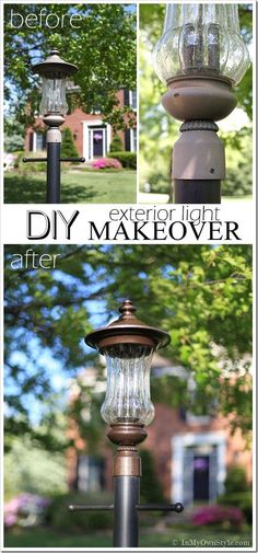 an old fashioned lamp post is transformed into a diy makeover for outdoor lighting