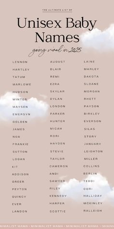 an image of a baby names poster with clouds in the sky and stars above it