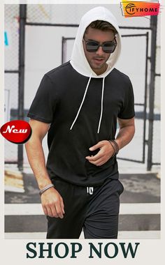 Men's Hooded Short Sleeve T-shirt Black Hooded T-shirt For Sports, Hooded Cotton T-shirt For Sports, Sporty Hooded T-shirt For Streetwear, Casual Hoodie For Sports Season, Casual Hoodie For Sports Events, Casual Tops With Drawstring Hood For Sports Season, White Short Sleeve Hoodie For Streetwear, Casual Hooded Tops For Sports, Moisture-wicking Cotton Hooded Top