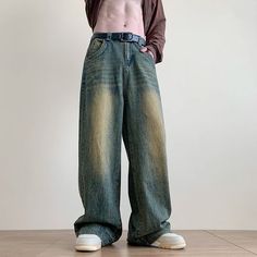 Wiaofellas - Distressed Vintage Blue Jeans Pants Men Wide-leg Denim Trousers Male Oversize Streetwear Fashion Casual Baggy Straight Jeans Faded Baggy Mid-rise Jeans, Baggy Vintage Denim Blue Pants, Vintage Baggy Denim Blue Pants, Distressed Wide Leg Denim Blue Pants, Baggy Medium Wash Jeans With Belt Loops, Vintage Baggy Blue Jeans, Faded Baggy Mid-rise Bottoms, Baggy Dark Wash Jeans With Belt Loops, Faded Baggy High Rise Pants