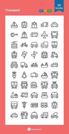 the transport icons are shown in black and white on a pink background, with an orange border