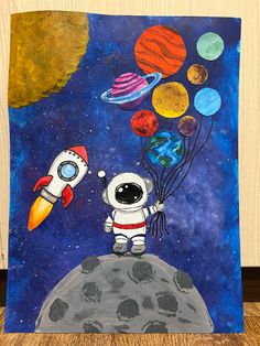 a painting of an astronaut on top of the moon with a rocket and planets in the background