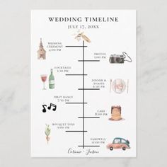 the wedding timeline poster is displayed on a white background with an old car and music notes