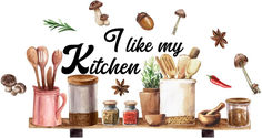 the words i like my kitchen are surrounded by spices, herbs and spoons on a shelf