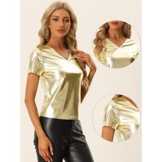 This women's metallic tee from Allegra K is a stylish top with a v-neck design. It is perfect for parties or clubs. It's a short-sleeved top in shiny top-quality metallic fabric. This is a regular-fit top that is very comfortable to wear. This is a very fashionable top when you wear it at a party. It will be very dazzling, and it will help you attract a lot of attention. Glamorous V-neck Top For Night Out, Glamorous V-neck Top For Parties, Fitted V-neck Blouse For Club, Trendy V-neck Party Tops, Disco Style Shiny Tops For Night Out, Fitted V-neck Top For Spring Party, Trendy Metallic Top For Evening, Trendy Metallic Tops For Evening, Shiny Disco Style Top For Evening