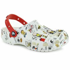 Easy on, easy off! This classic offers amazing comfort and support, thanks to the light, durable Croslite material and molded design. These slip-on clogs feature a darling, all-over print of your favorite Peanuts characters, an adjustable heel strap for your preferred fit, and ventilation ports to keep you cool in the warmer months.  Croslite material upperpivoting heel straps for a more secure fiteasy to cleanCustomizable with Jibbitz charmsIconic Crocs Comfort: Lightweight. Flexible. 360-degre Sandals Crocs, Clog Crocs, Crocs Slides, Wip Bag, Green Pokemon, Peanuts Charlie Brown Snoopy, Shoes Crocs, Crocs Clog