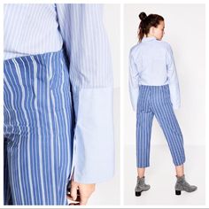 Zara Cropped Trousers With Blue And White Pinstripe. This Pant Has A Snap Button Detail On The Side, No Zips Or Pockets Approx Length Is 35” Please Note Pants Did Not Arrive With A Physical Tag But Came In The Box, I Will Include The Box In The Packaging Jumpsuit Trousers, Zara Pants, Cropped Trousers, Button Detail, Snap Button, Pant Jumpsuit, Blue White, Pants For Women, Blue And White