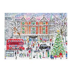 a cross stitch christmas scene with people and a tree in the foreground is a double decker bus