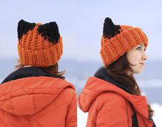 two pictures of a woman wearing an orange hat with black cats on it