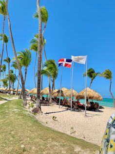 the beach is lined with palm trees and thatched umbrellas