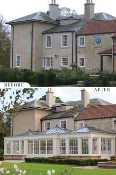 before and after shots of an old house with new windows, roofing and gutter