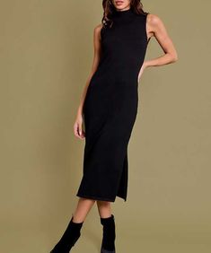 This chic black dress features a sleeveless silhouette, fitted body and a side slit. This dress is versatile and timeless. Dress up or down for instant glam! 50% rayon, 28% nylon, 22% polyester Model is wearing a size small and is 5'10" Chic Black Dress, Timeless Dress, Sleeveless Knit, Knit Midi, Knit Midi Dress, Black Sleeveless, Black Midi Dress, Clothes Gift, Black Media