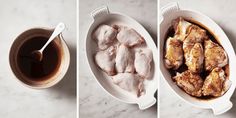 two pictures showing the process of cooking chicken and dipping sauce in a bowl with spoons