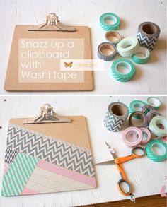 some tape and scissors sitting on top of a clipboard with wash paper attached to it