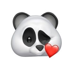 a panda bear with a red heart in its mouth and it's eyes closed